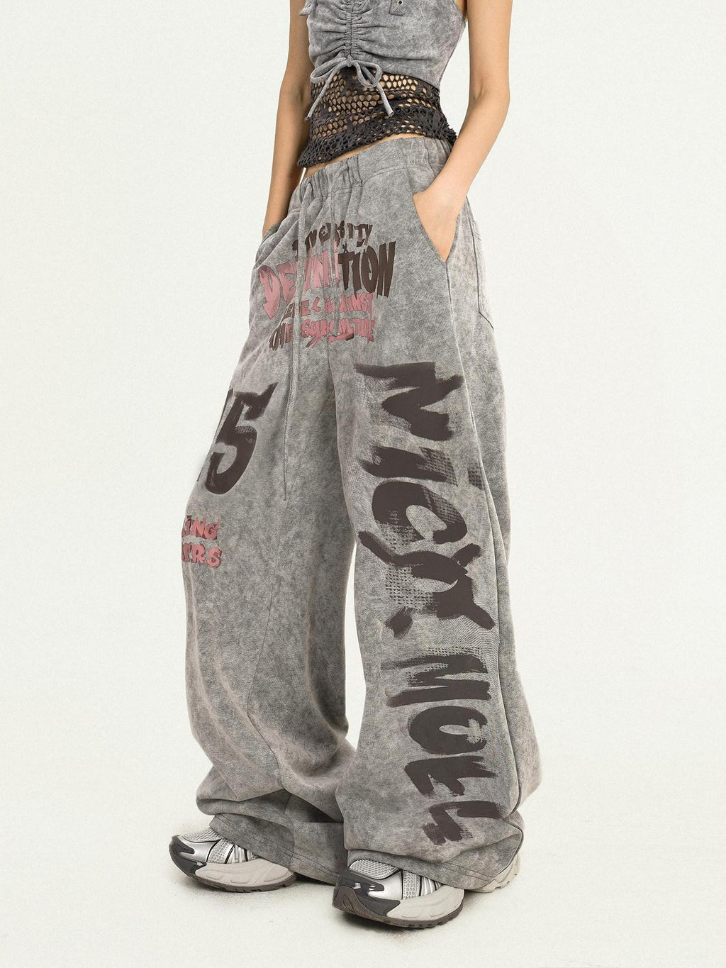 Nico Molly Grey Letter Print Retro Vintage Pocket Elastic Waist Women's Wide-leg Pants