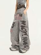 Nico Molly Grey Letter Print Retro Vintage Pocket Elastic Waist Women's Wide-leg Pants