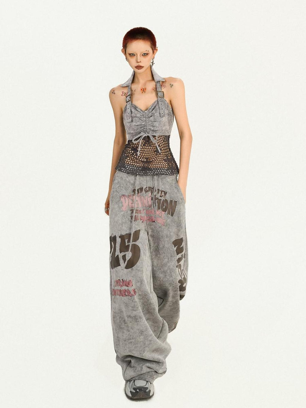 Nico Molly Grey Letter Print Retro Vintage Pocket Elastic Waist Women's Wide-leg Pants