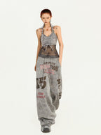 Nico Molly Grey Letter Print Retro Vintage Pocket Elastic Waist Women's Wide-leg Pants
