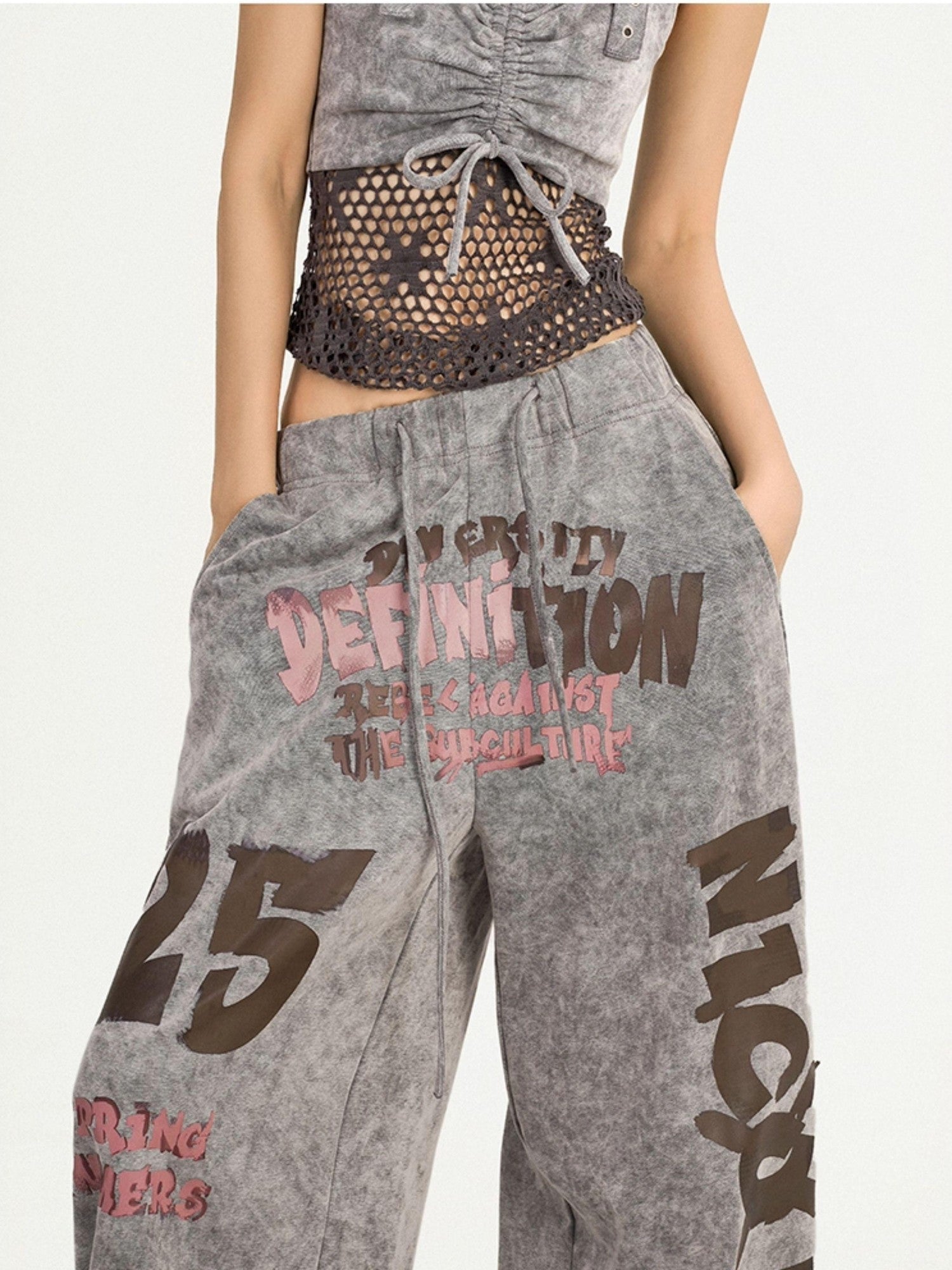 Nico Molly Grey Letter Print Retro Vintage Pocket Elastic Waist Women's Wide-leg Pants