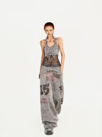 Nico Molly Grey Letter Print Retro Vintage Pocket Elastic Waist Women's Wide-leg Pants