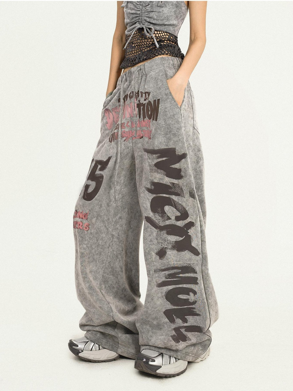 Nico Molly Grey Letter Print Retro Vintage Pocket Elastic Waist Women's Wide-leg Pants