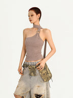 Nico Molly Halter Tie Backless Slim Cropped Retro Women's Short Sleeve T-shirts