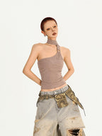Nico Molly Halter Tie Backless Slim Cropped Retro Women's Short Sleeve T-shirts