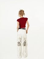 Nico Molly Hand Painted Graffiti High Street Mock Neck Short Sleeve Women's Crop Tops