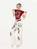Nico Molly Hand Painted Graffiti High Street Mock Neck Short Sleeve Women's Crop Tops