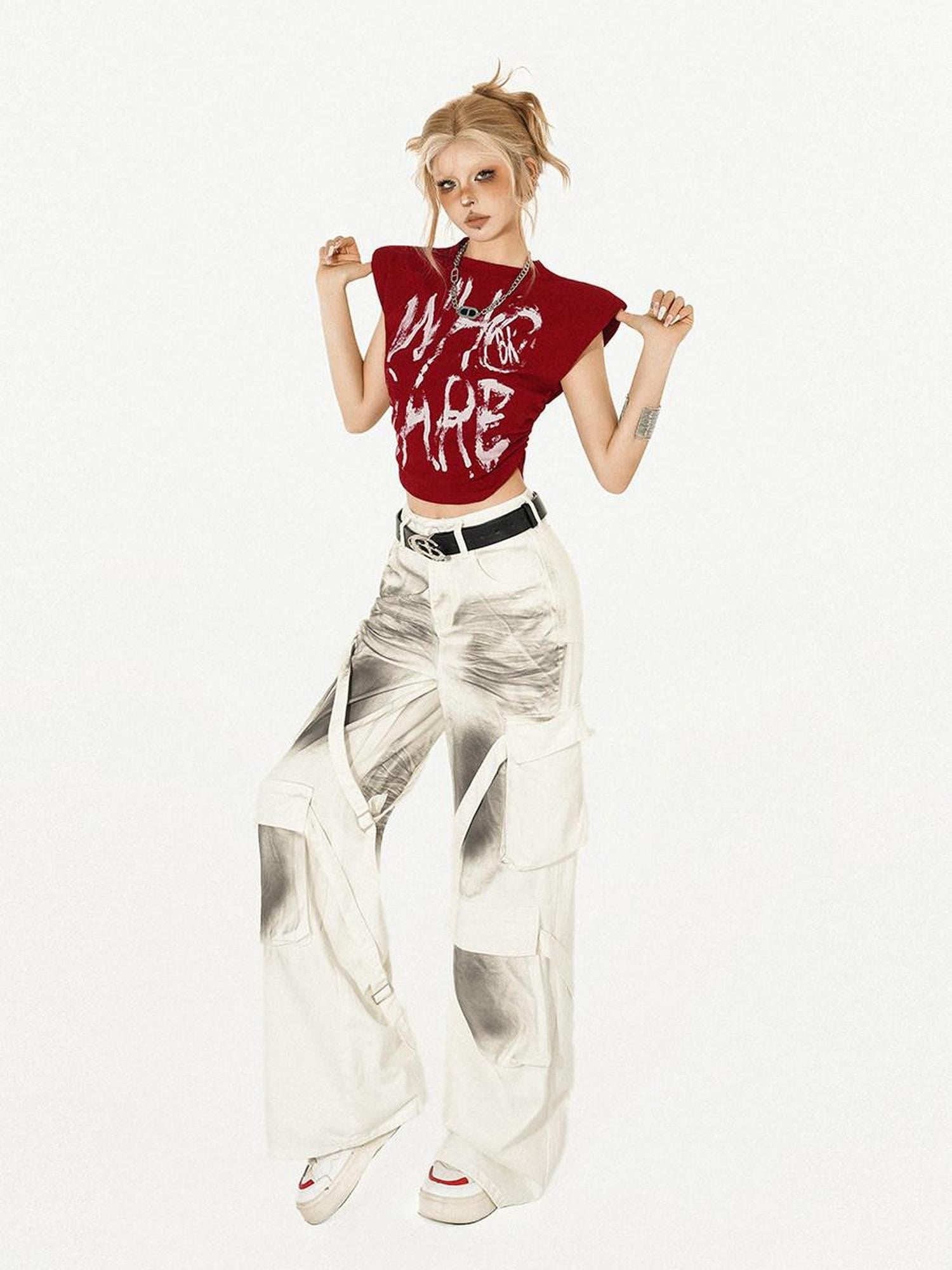 Nico Molly Hand Painted Graffiti High Street Mock Neck Short Sleeve Women's Crop Tops