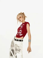 Nico Molly Hand Painted Graffiti High Street Mock Neck Short Sleeve Women's Crop Tops