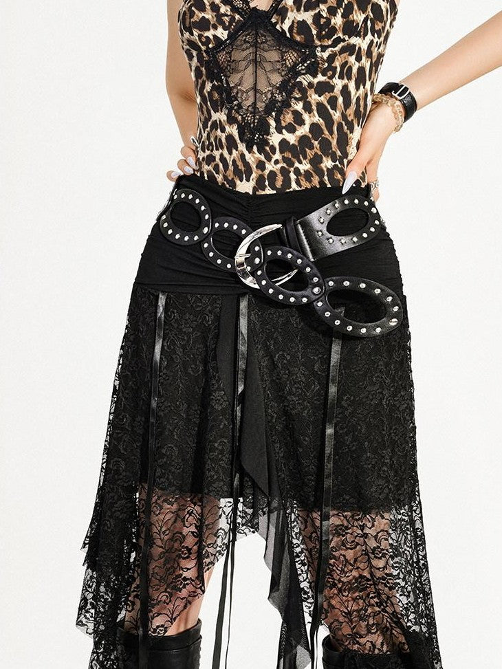 Nico Molly Hollow Cutout Rhinestone Retro Round Ring Street Punk Women's Pu Belts