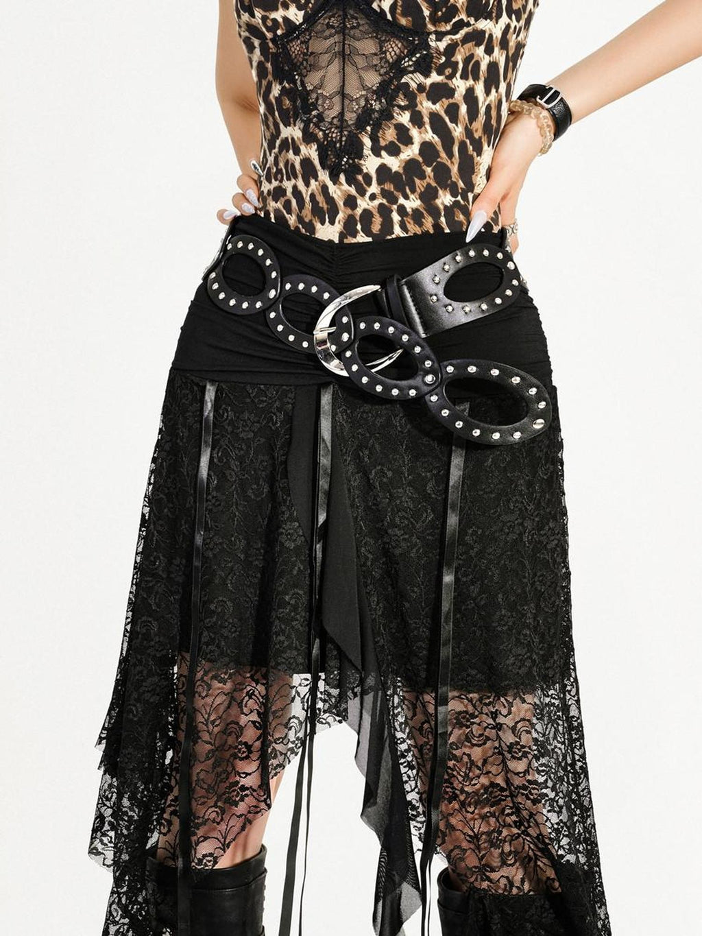 Nico Molly Hollow Cutout Rhinestone Retro Round Ring Street Punk Women's Pu Belts