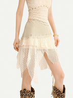 Nico Molly Ivory Fringe Asymmetric Low Waist Lace Camisole Women's Lace Top & Skirt Sets