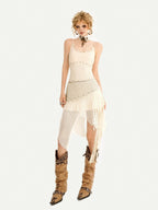 Nico Molly Ivory Fringe Asymmetric Low Waist Lace Camisole Women's Lace Top & Skirt Sets