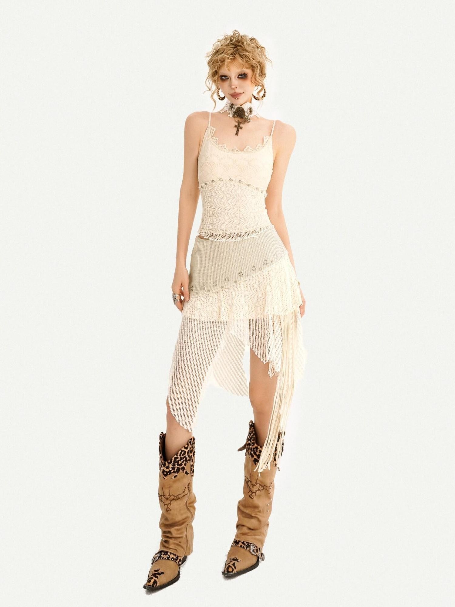 Nico Molly Ivory Fringe Asymmetric Low Waist Lace Camisole Women's Lace Top & Skirt Sets