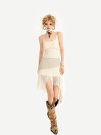 Nico Molly Ivory Fringe Asymmetric Low Waist Lace Camisole Women's Lace Top & Skirt Sets