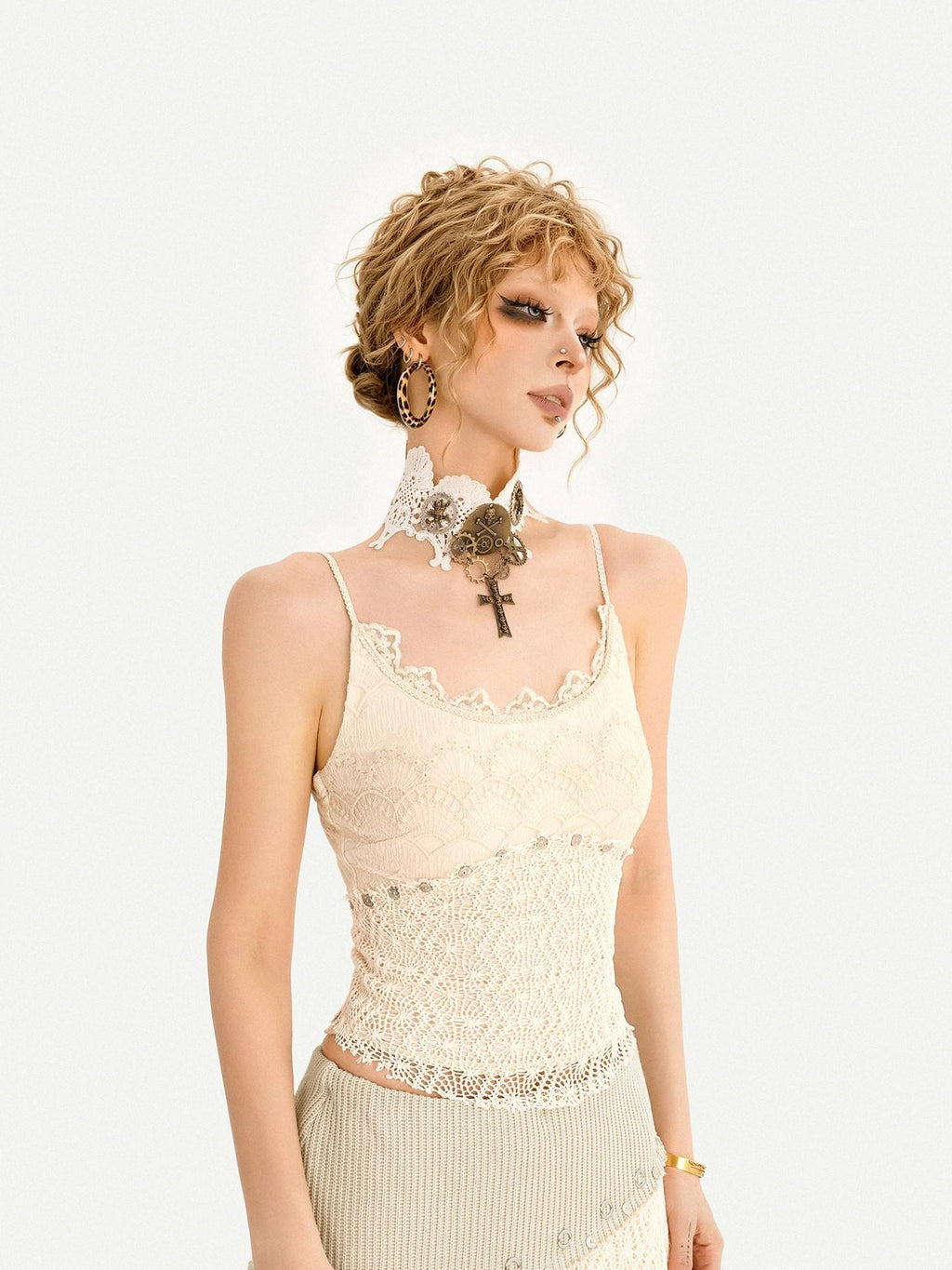 Nico Molly Ivory Fringe Asymmetric Low Waist Lace Camisole Women's Lace Top & Skirt Sets