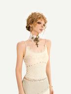 Nico Molly Ivory Fringe Asymmetric Low Waist Lace Camisole Women's Lace Top & Skirt Sets