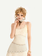 Nico Molly Ivory Fringe Asymmetric Low Waist Lace Camisole Women's Lace Top & Skirt Sets