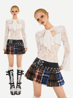 Nico Molly Lace Cutout Tie Bell Sleeve Women's Slim Fit Crew Neck Long Sleeve T-shirts