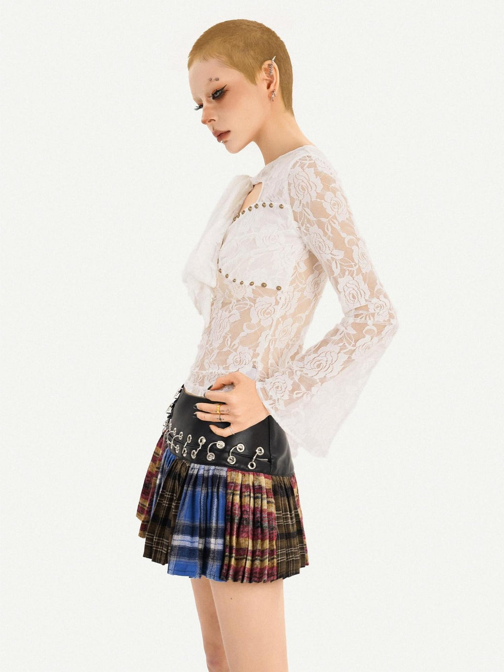 Nico Molly Lace Cutout Tie Bell Sleeve Women's Slim Fit Crew Neck Long Sleeve T-shirts