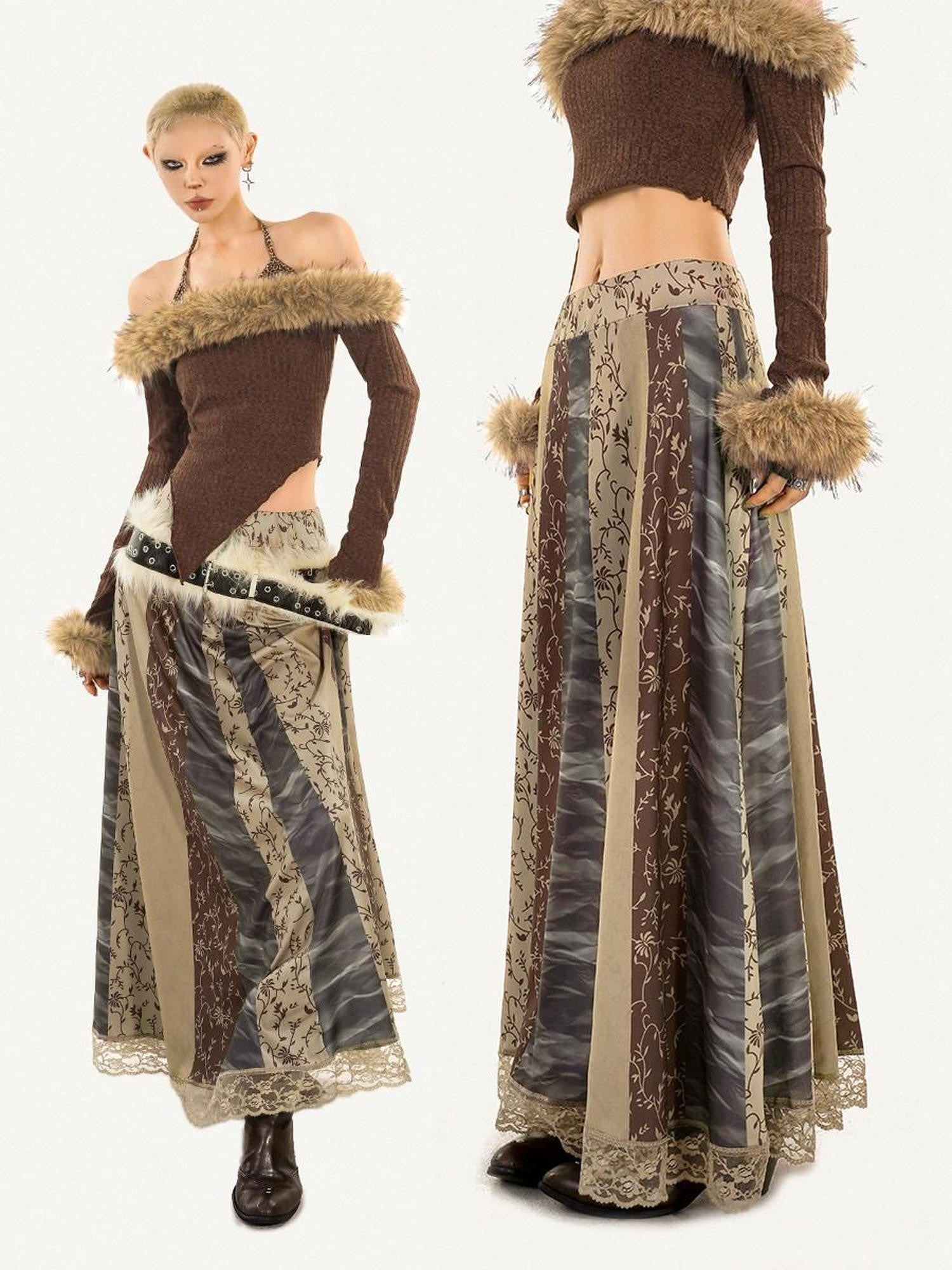 Nico Molly Lace Trim Ethnic Print Mid Waist A Line Women's Pu Maxi Skirts