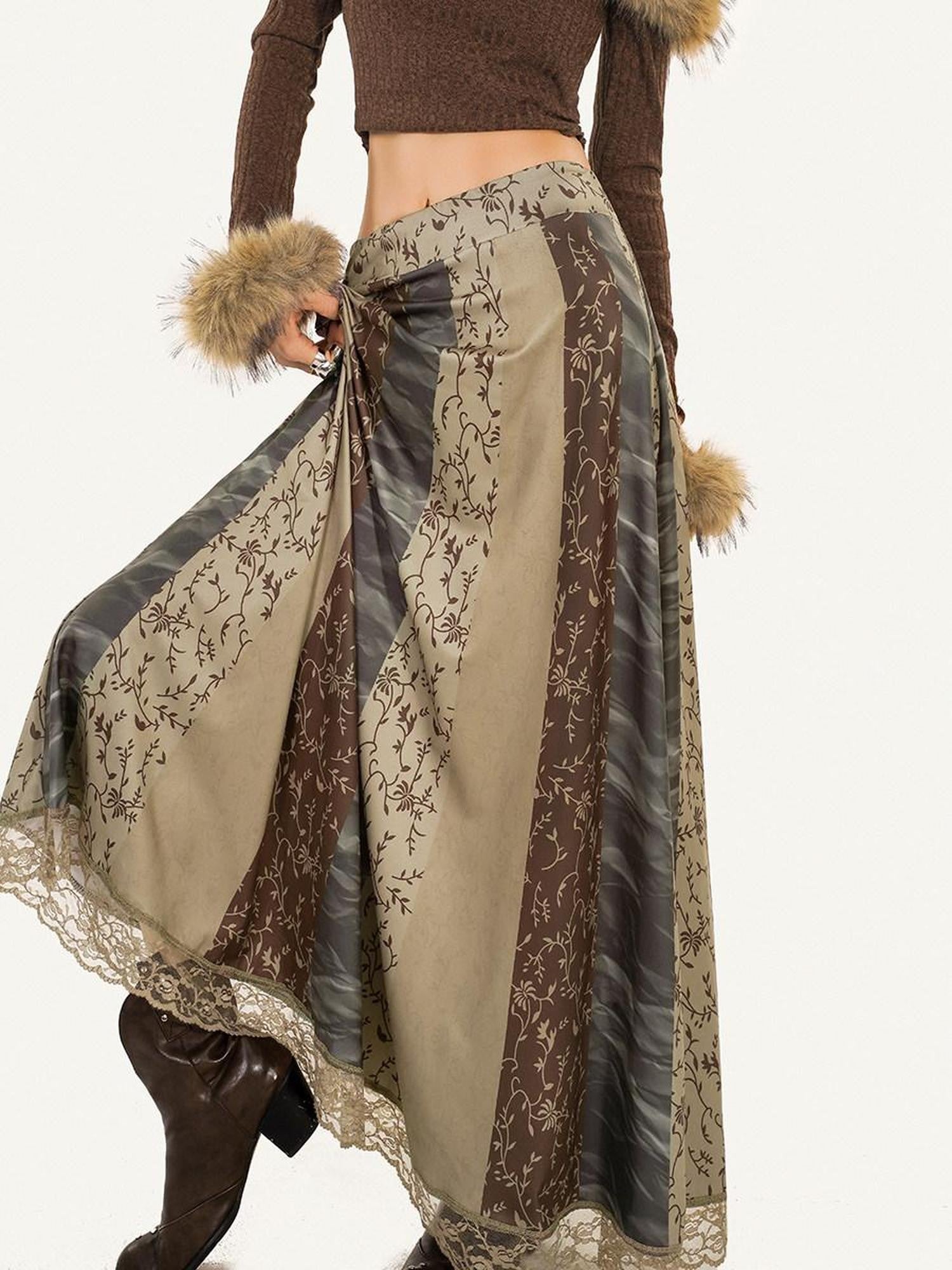 Nico Molly Lace Trim Ethnic Print Mid Waist A Line Women's Pu Maxi Skirts