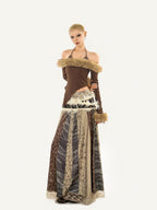 Nico Molly Lace Trim Ethnic Print Mid Waist A Line Women's Pu Maxi Skirts