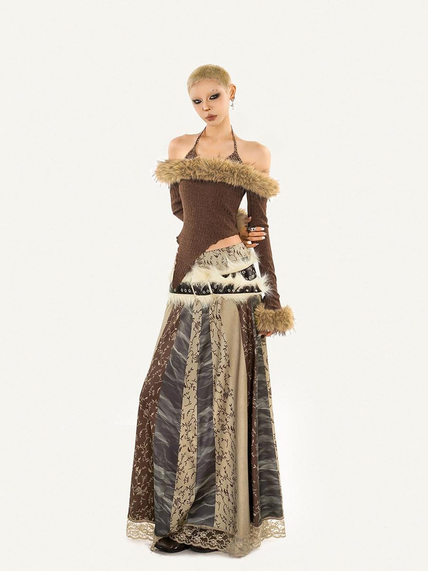 Nico Molly Lace Trim Ethnic Print Mid Waist A Line Women's Pu Maxi Skirts