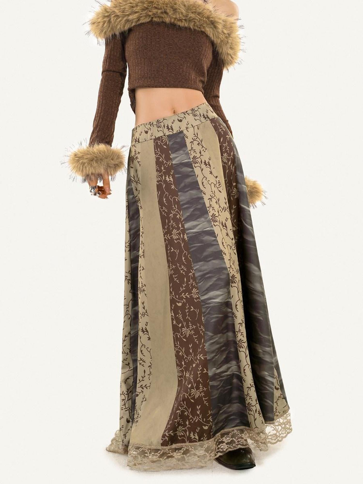 Nico Molly Lace Trim Ethnic Print Mid Waist A Line Women's Pu Maxi Skirts