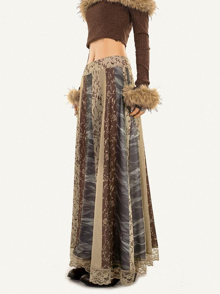 Nico Molly Lace Trim Ethnic Print Mid Waist A Line Women's Pu Maxi Skirts