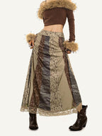 Nico Molly Lace Trim Ethnic Print Mid Waist A Line Women's Pu Maxi Skirts