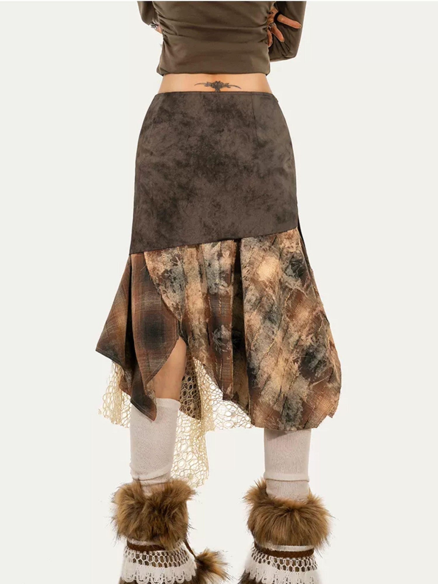Nico Molly Layered Plaid Irregular Patchwork High Waist Women's Polyester Midi Skirts