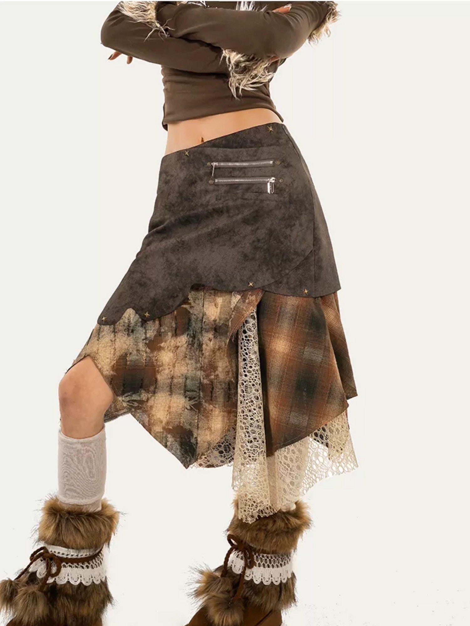 Nico Molly Layered Plaid Irregular Patchwork High Waist Women's Polyester Midi Skirts