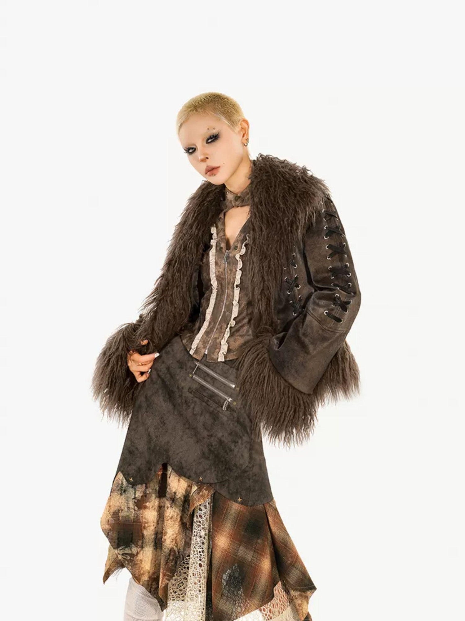 Nico Molly Layered Plaid Irregular Patchwork High Waist Women's Polyester Midi Skirts