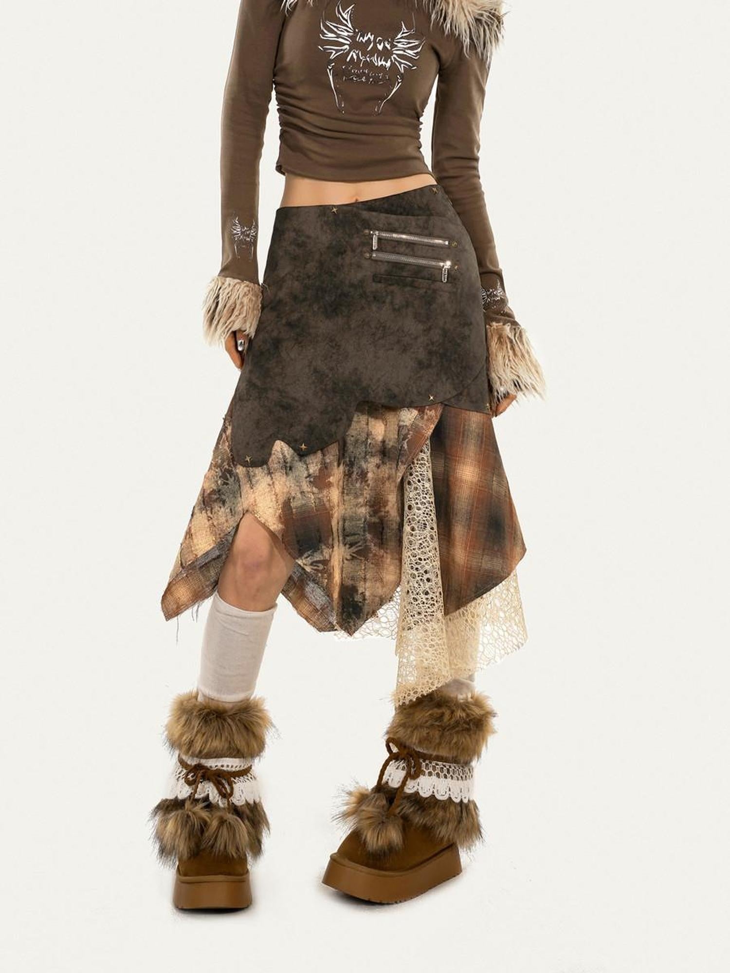 Nico Molly Layered Plaid Irregular Patchwork High Waist Women's Polyester Midi Skirts
