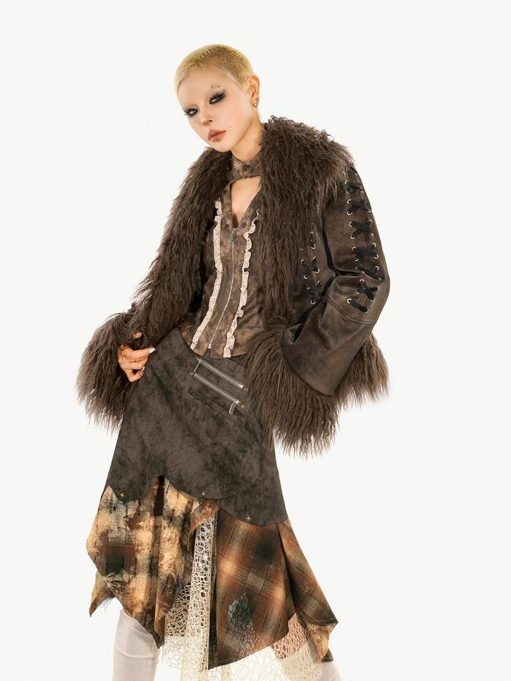 Nico Molly Layered Plaid Irregular Patchwork High Waist Women's Polyester Midi Skirts