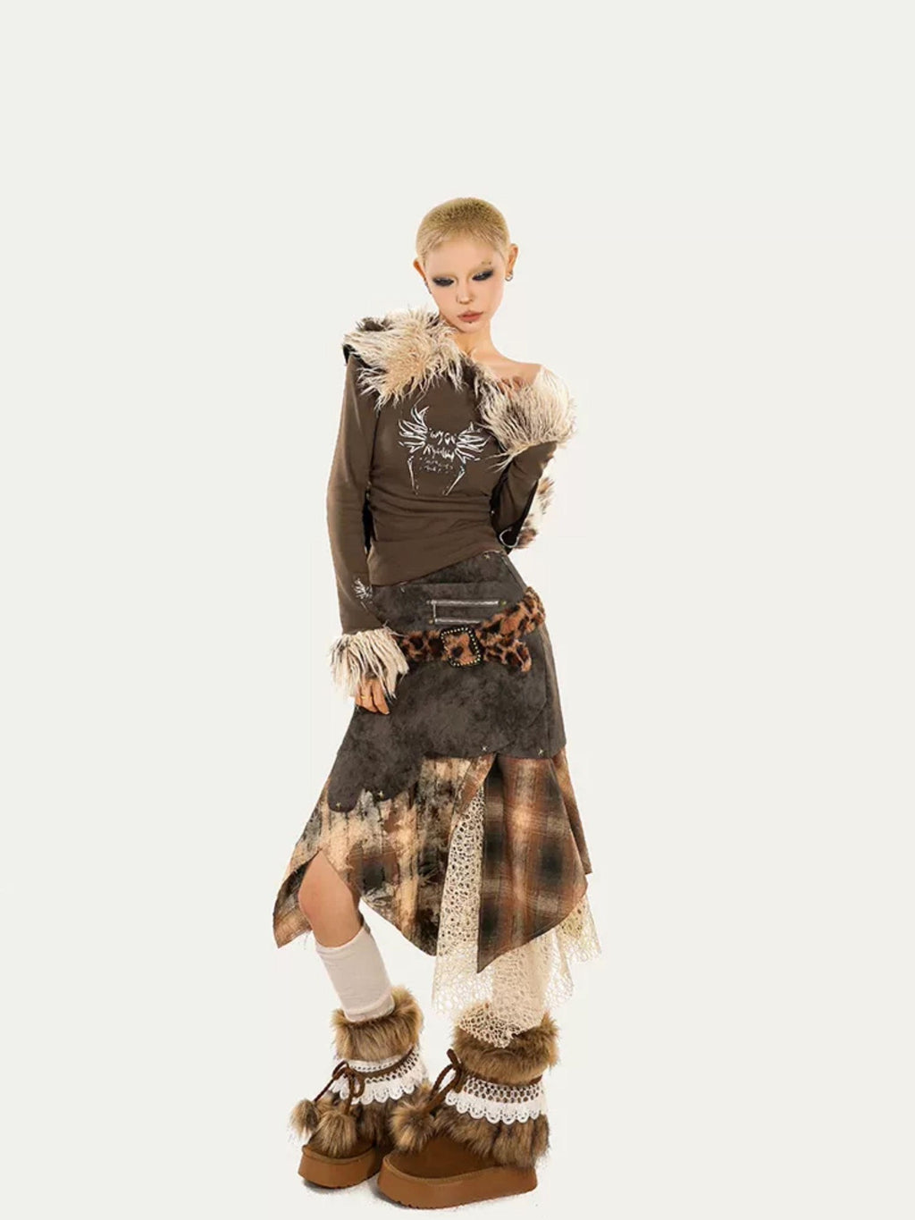 Nico Molly Layered Plaid Irregular Patchwork High Waist Women's Polyester Midi Skirts