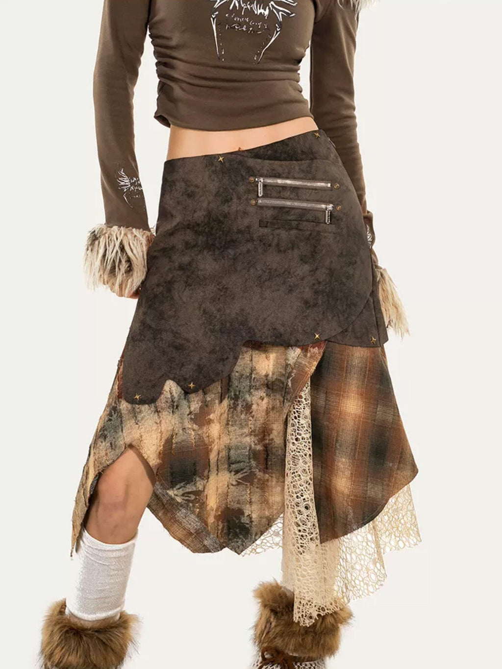 Nico Molly Layered Plaid Irregular Patchwork High Waist Women's Polyester Midi Skirts