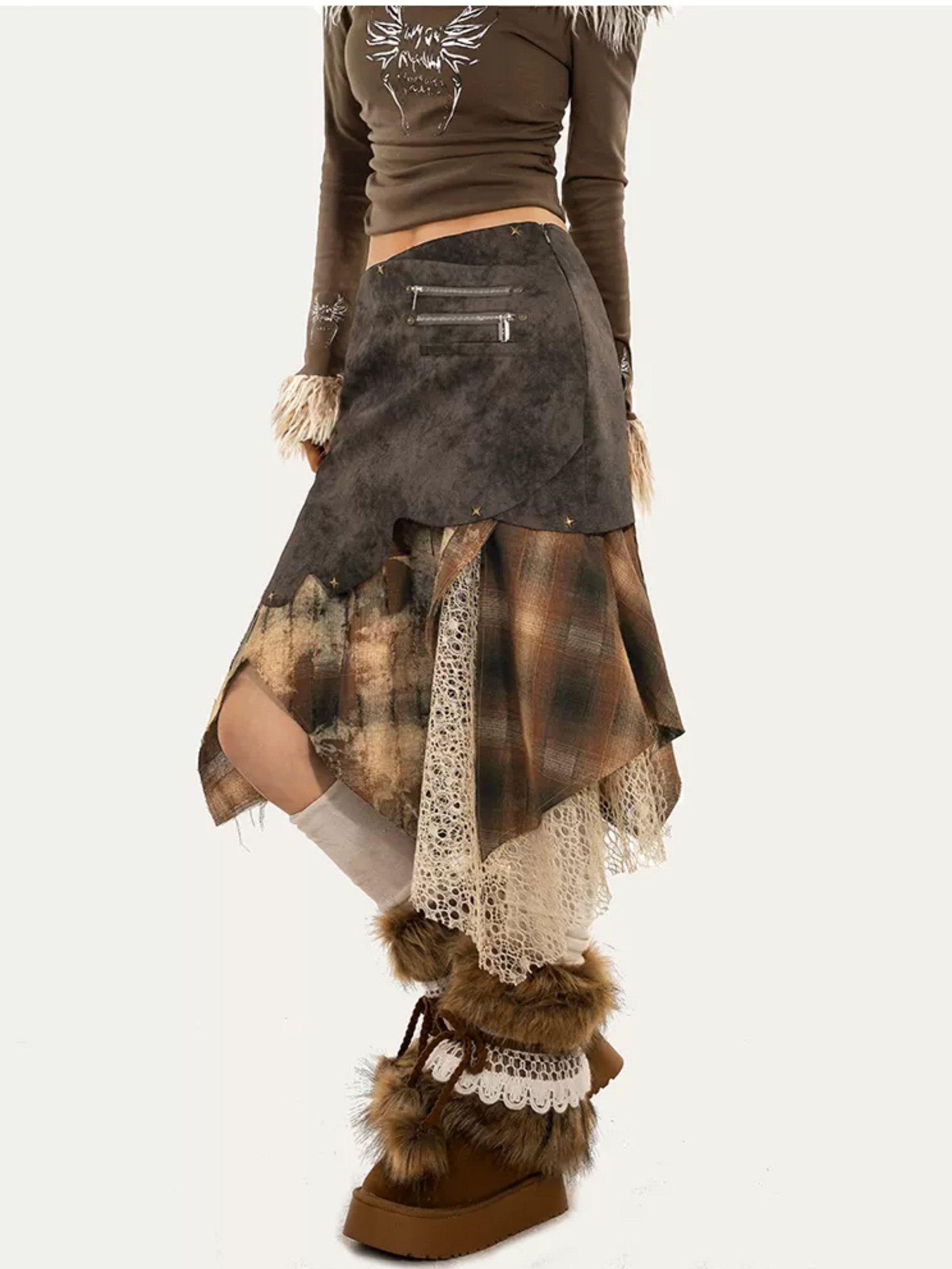 Nico Molly Layered Plaid Irregular Patchwork High Waist Women's Polyester Midi Skirts