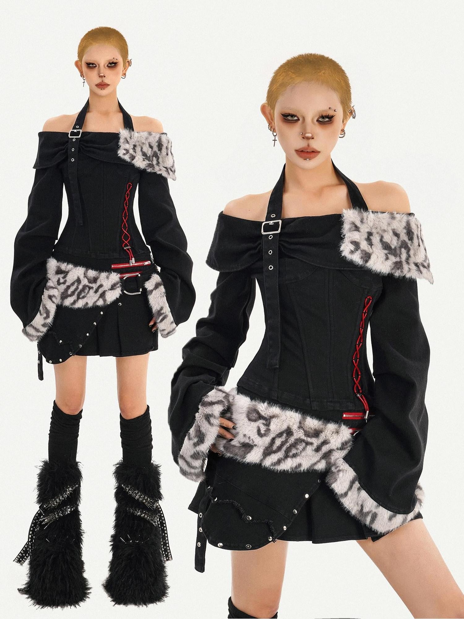 Nico Molly Leopard Patchwork Halter Bardot Low Waist Women's Cashmere Top & Skirt Sets