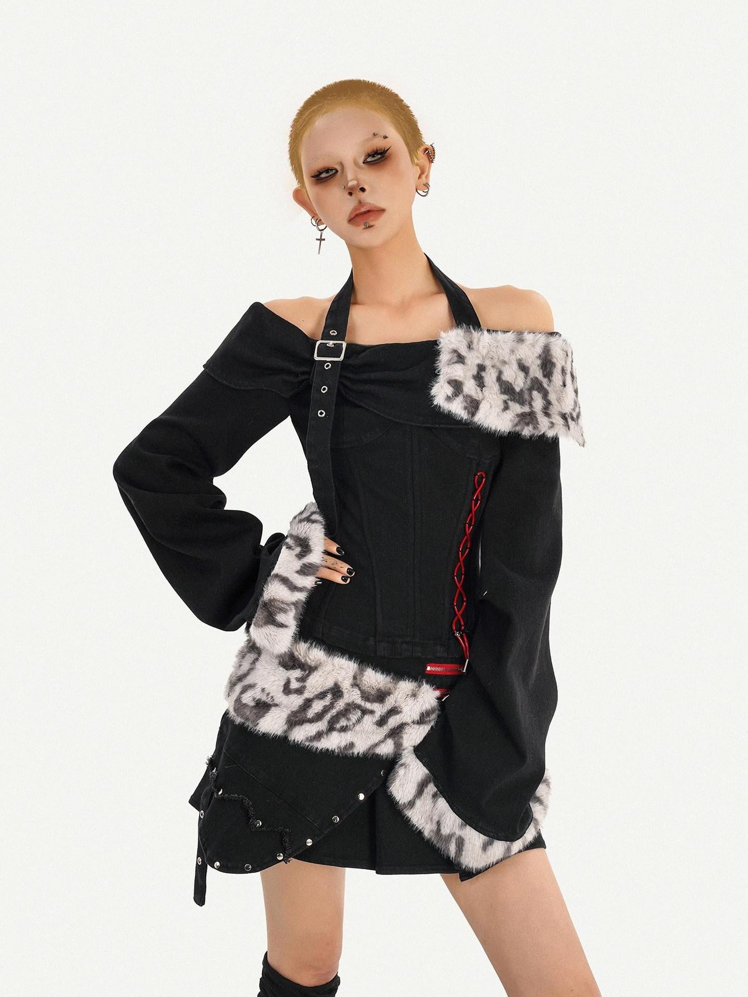 Nico Molly Leopard Patchwork Halter Bardot Low Waist Women's Cashmere Top & Skirt Sets
