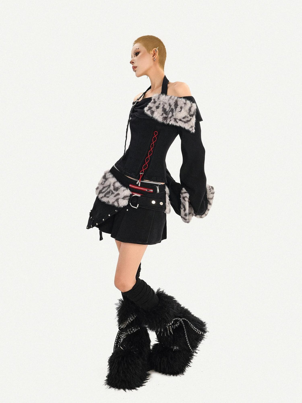 Nico Molly Leopard Patchwork Halter Bardot Low Waist Women's Cashmere Top & Skirt Sets