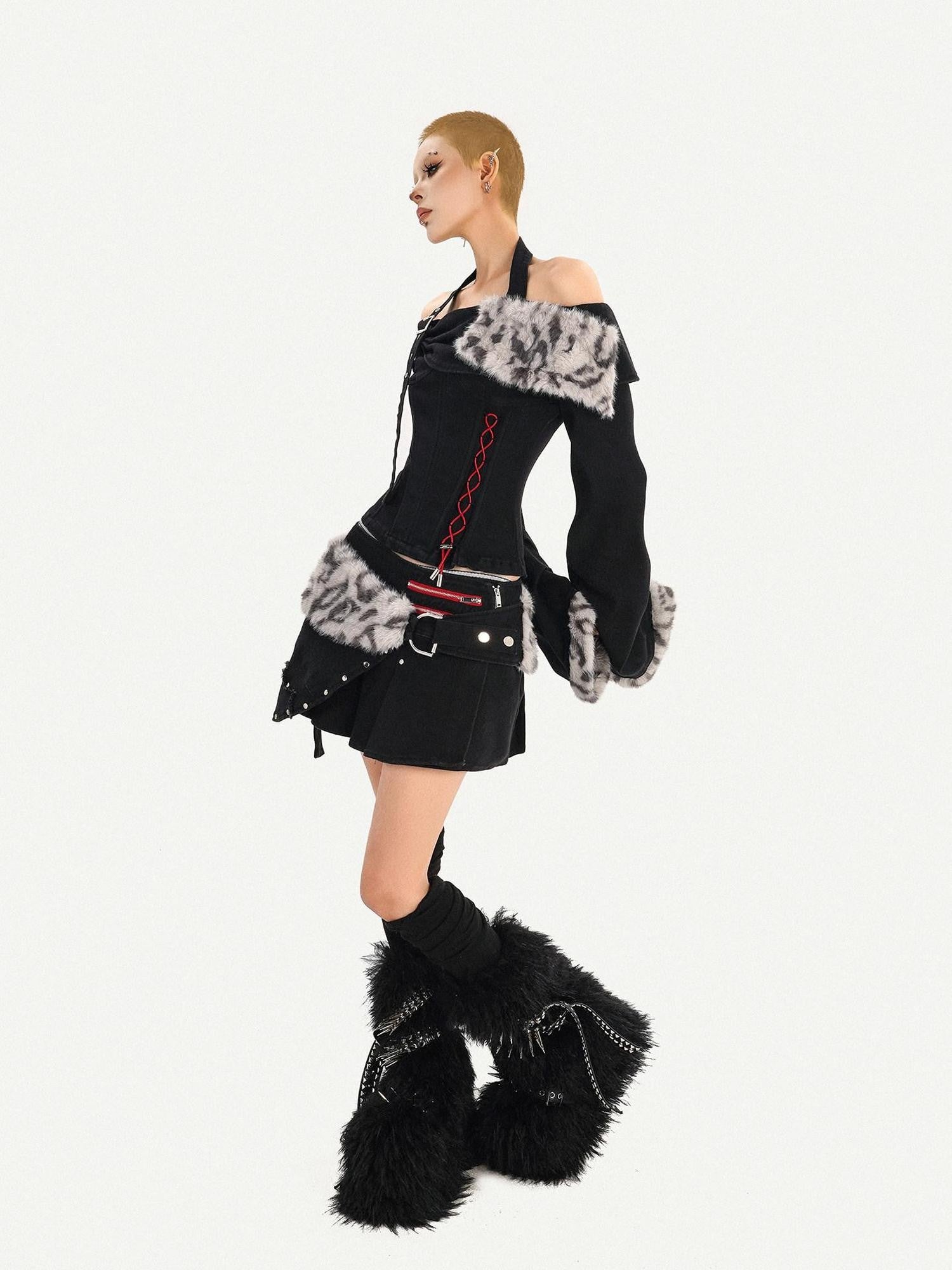 Nico Molly Leopard Patchwork Halter Bardot Low Waist Women's Cashmere Top & Skirt Sets
