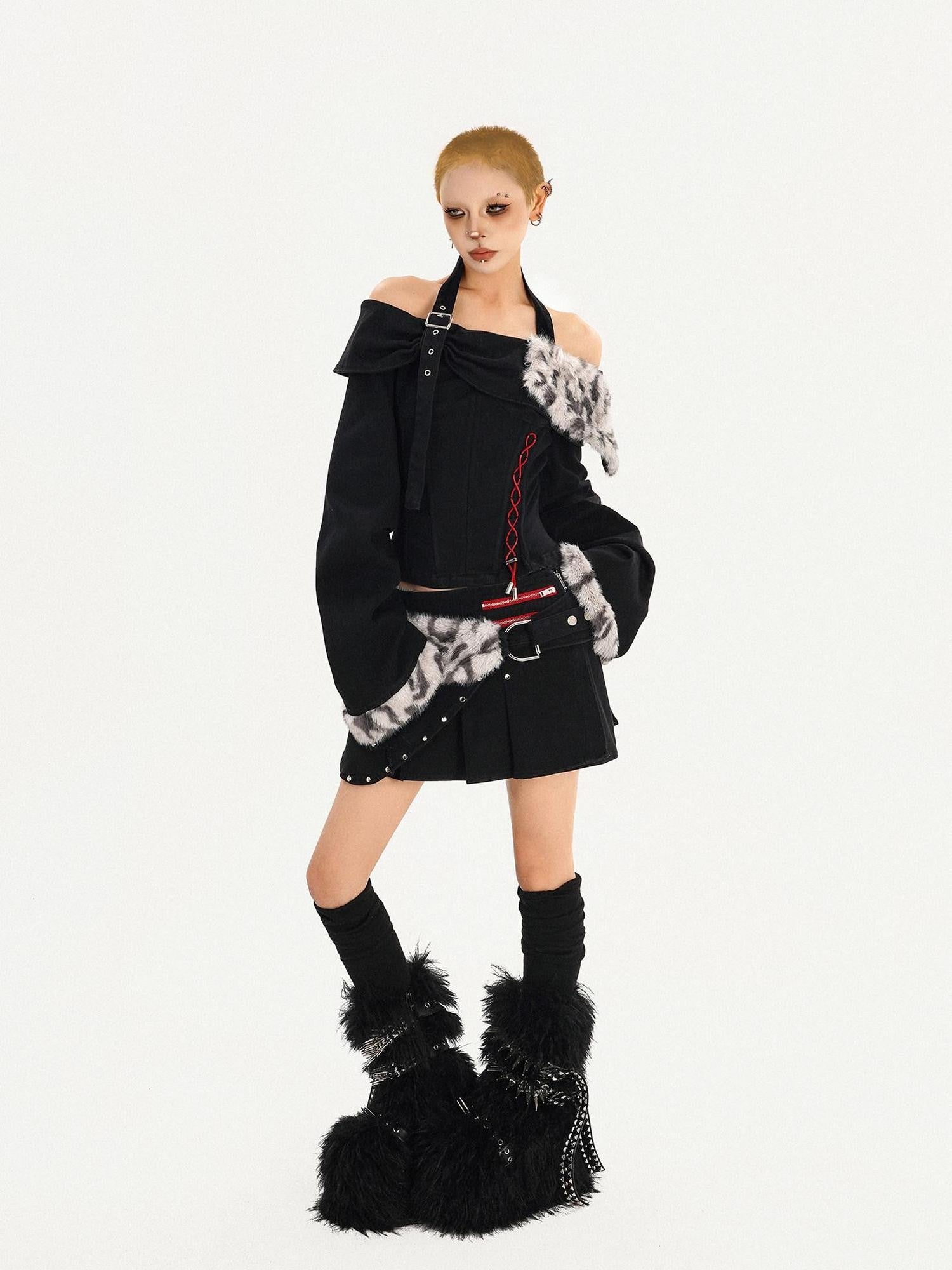 Nico Molly Leopard Patchwork Halter Bardot Low Waist Women's Cashmere Top & Skirt Sets