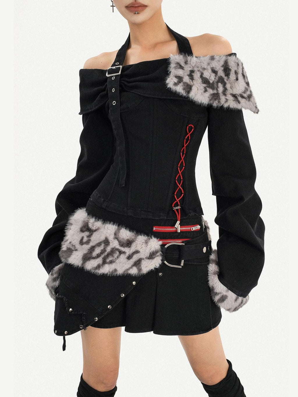 Nico Molly Leopard Patchwork Halter Bardot Low Waist Women's Cashmere Top & Skirt Sets