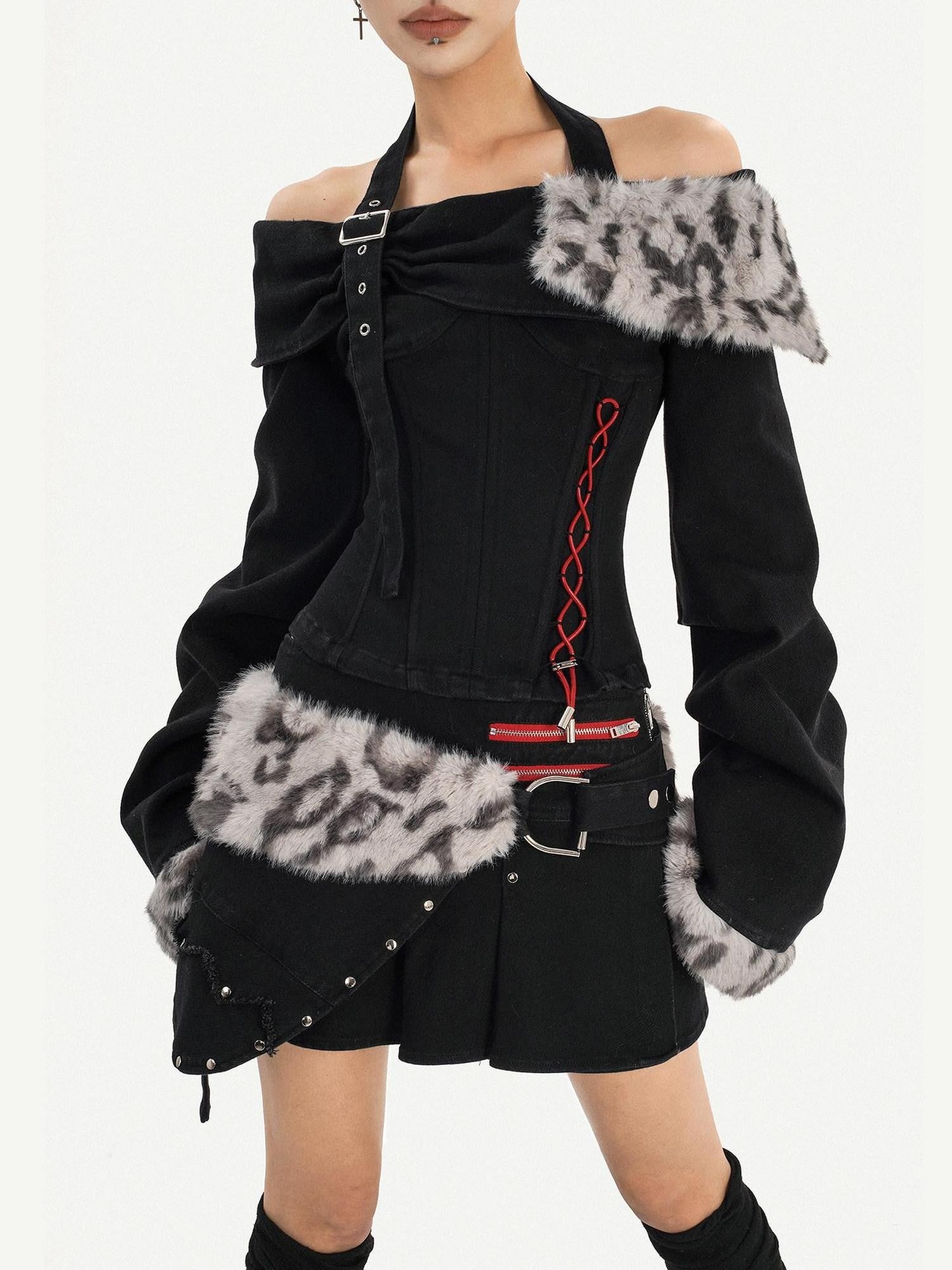 Nico Molly Leopard Patchwork Halter Bardot Low Waist Women's Cashmere Top & Skirt Sets
