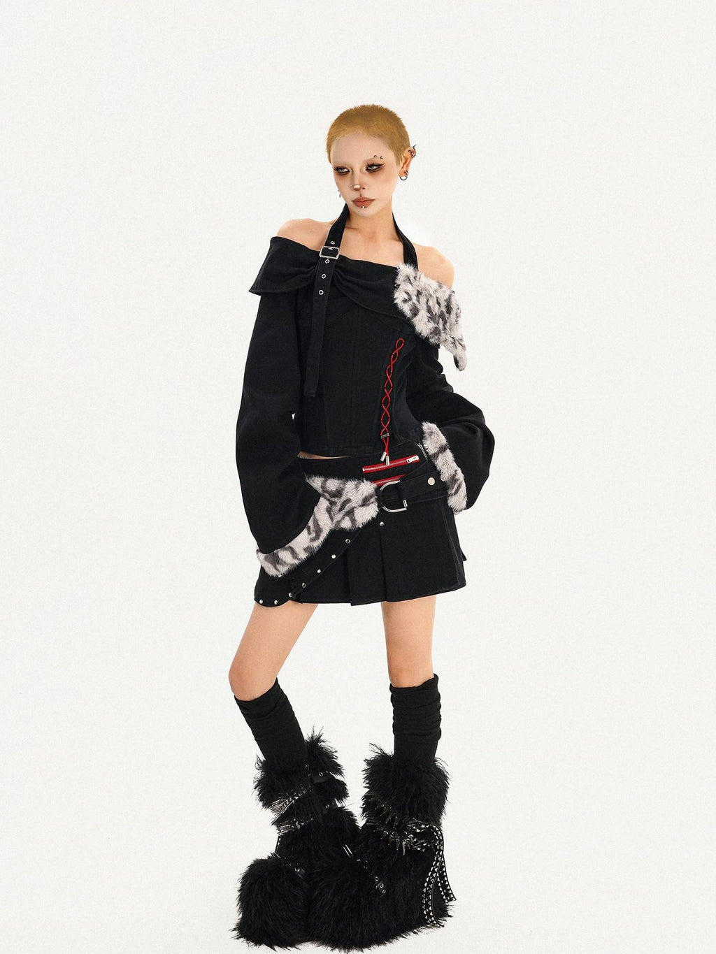 Nico Molly Leopard Patchwork Halter Bardot Low Waist Women's Cashmere Top & Skirt Sets
