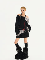Nico Molly Leopard Patchwork Halter Bardot Low Waist Women's Cashmere Top & Skirt Sets