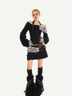 Nico Molly Leopard Patchwork Halter Bardot Low Waist Women's Cashmere Top & Skirt Sets