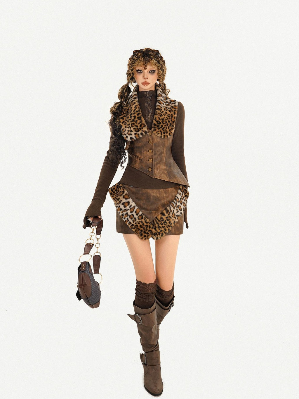 Nico Molly Leopard Patchwork Tribal Women's Cropped Slim Vest Skirt Top & Skirt Sets
